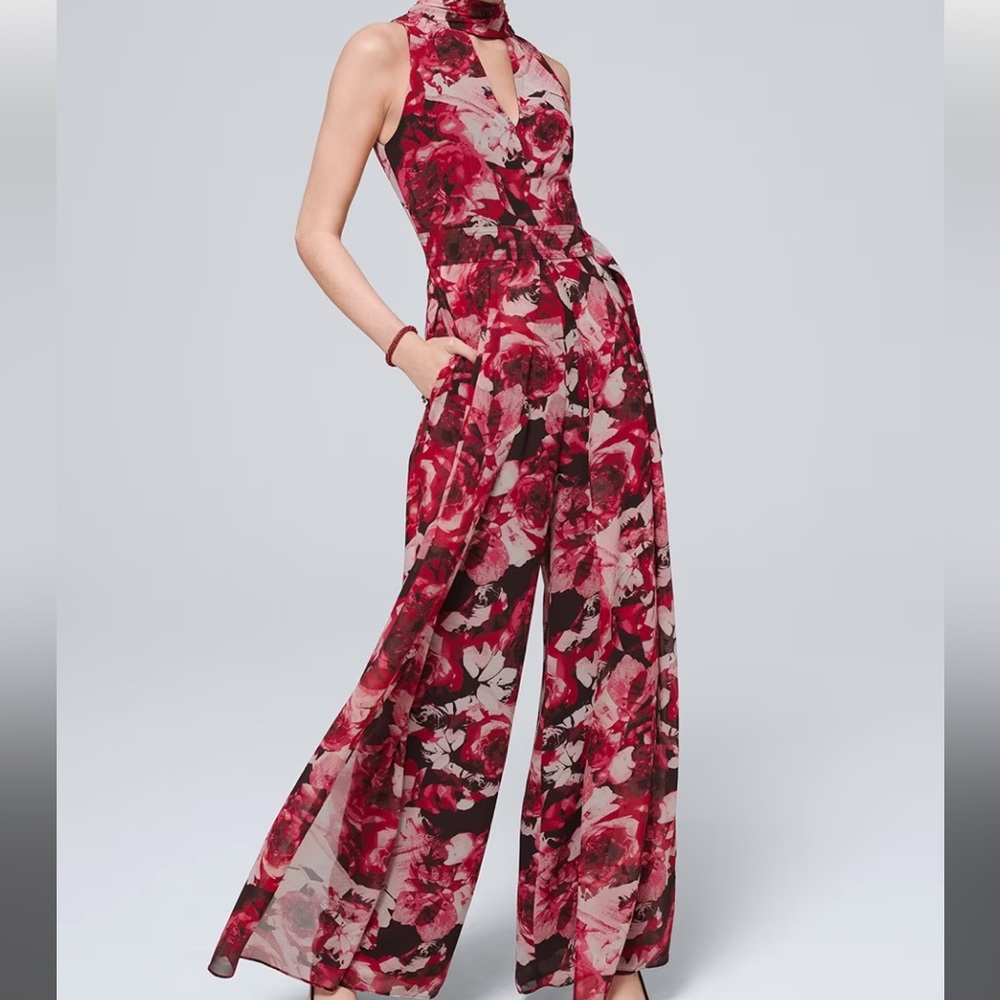 WHBM rose floral wide leg jumpsuit,  sexy plunging neckline